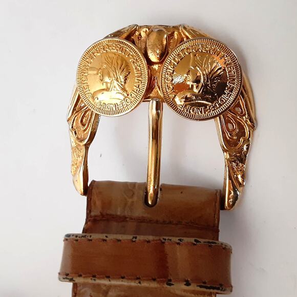 Vintage 80s Reptile Croco Belt Carmel Genuine Leather Gold Coin Buckle Sz L - Picture 3 of 11